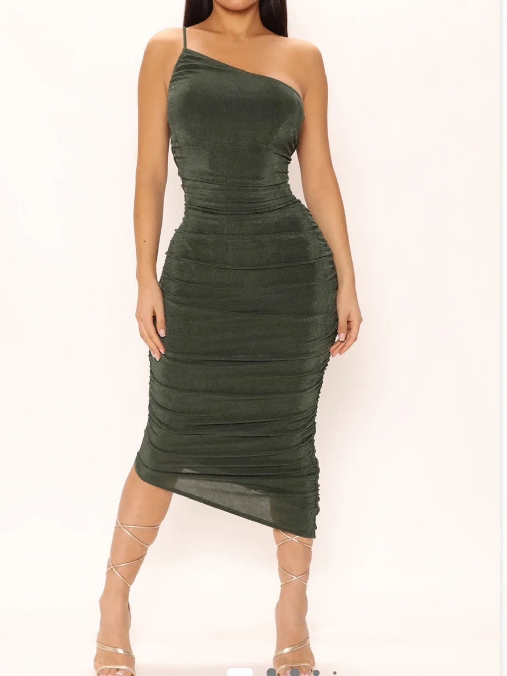 Fashion Nova Green One-Shoulder Ruched Midi Dress M - Picture 1 of 3
